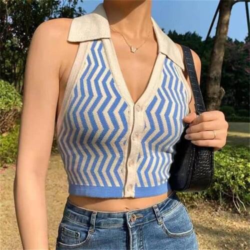 WomenS Y2k Striped Halter Knitted Vest Sexy Backless Tank Tops For Party Streetwear Fashion Slim Outfits Female 2021 Summer
