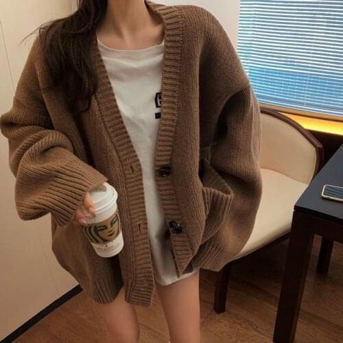 Sweaters Women Knitting Cardigans Casual Spring 2021 V-Neck Long Sleeve Daily Solid Mujer Clothes Single Breasted Brown College