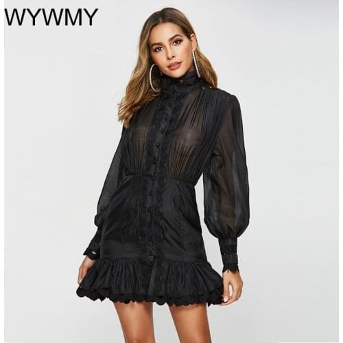 WYWMY Spring Summer Dress Women Sexy Hollow Out Ruffled Mesh Lantern Sleeve Dress Button Black White Shirt Mermaid Mini Dresses