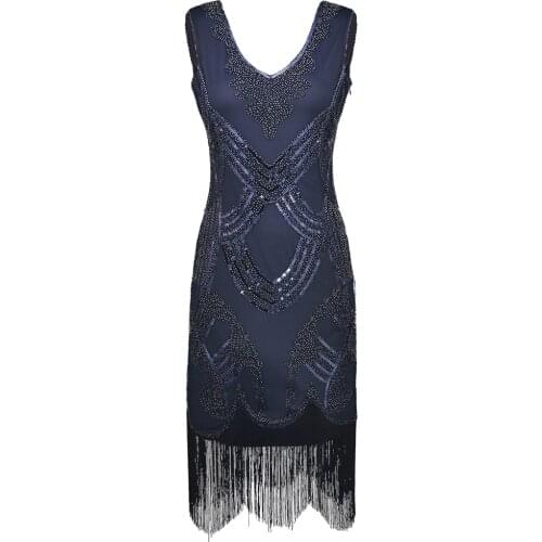 Womens Retro 1920s Great Gatsby Dress Vintage Double V Neck Fringe Hem Art Deco Beads Sequined Flapper Party Dress