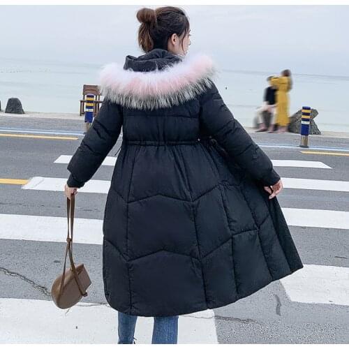 2019 Long Parkas Winter Jacket Black Women Hooded Down Cotton Jackets Female Big Fur Collar Pocket Thicken Parkas Outerwear M341