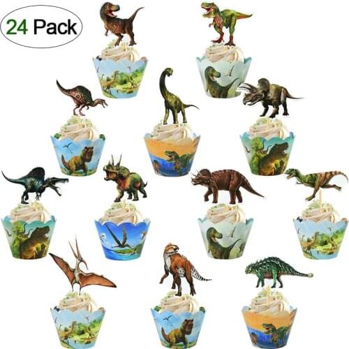 24pcs Dinosaur Cupcake Wrappers Cake Toppers Kids Dinosaur Theme Jurassic World Animal Birthday Party Cake Decoration Supplies