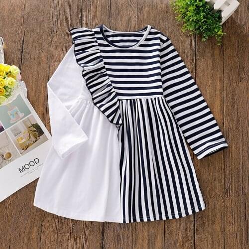 New Dress for Girl Kids Children Clothing Cotton Striped Printed Color Block O-Neck Princess Long Sleeve Dress Girls Dresses
