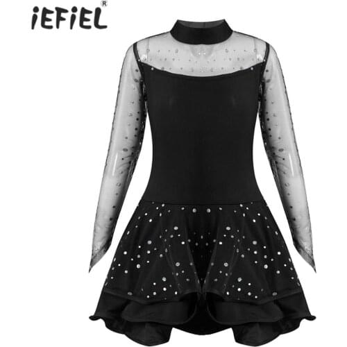 Kids Sequins See Through Mesh Long Sleeve Dress Shorts Girls Clothes Set Ballet Rumba Ballroom Dance Costume Latin Dance Dress