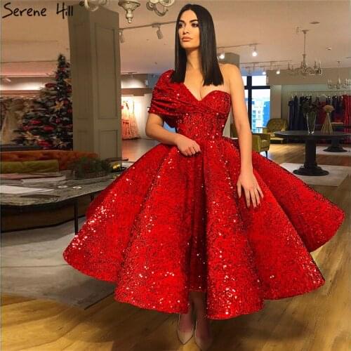 Red Sequined One Shoulder Sexy Evening Dresses 2020 Sleeveless Luxury Ankle-Length Formal Dress Serene Hill LA70021