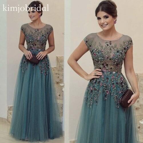 SuperKimJo Lace Applique Prom Dresses Vestidos De Fiesta De Noche Largos Elegantes Sage Green Beaded Elegant Prom Gown 2020
