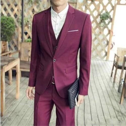 Wine Red Mens Custom Made 3 Pieces Grooming Suits Men Slim Fit Best Men Prom Party Suits Jacket Vets Pants Terno Masculino