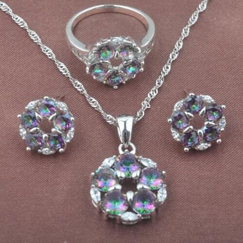 Newst Multicolor Rainbow Zirconia Jewelry Set For Women Weedding Silver Color Ring Necklace And Earrings Set TZ0583