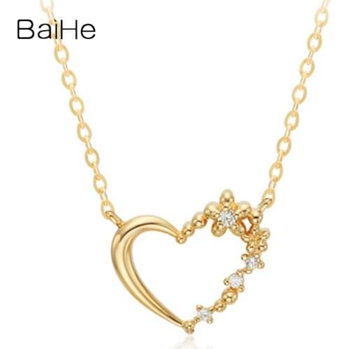BAIHE Solid 18K Yellow Gold 0.02ct Natural Diamond Women Engagement wedding Gift Fine Jewelry Elegant Heart Diamond Necklaces