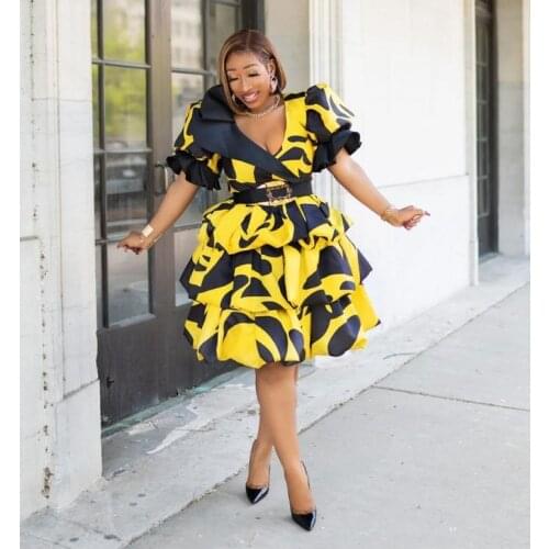 Polyester Printing African Women Short Sleeve Plus Size V-neck Dress African Dresses for Women African Clothes Women S-5XL