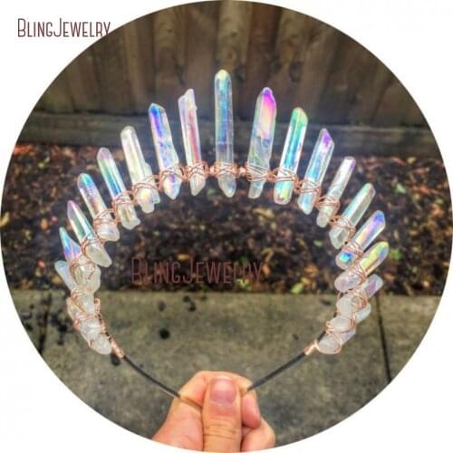 Rose Gold Silver Gold Wire Wrapped Iridescent Crystal Point Crown Aura Quartz Tiara Crown Headband