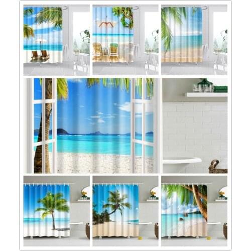 Beach Printed Fabric Shower Curtains Sea Scenery Bath Curtain Screen Waterproof Products Bathroom Decor with 12 Hooks