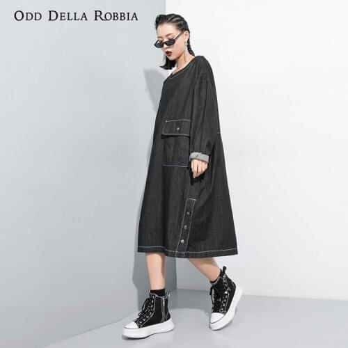 OddDellaRobbia Spring Streetwear Long Sleeve Round Neck Denim Cotton Dress Personalized Casual Hedging Pocket Long Skirt 195009