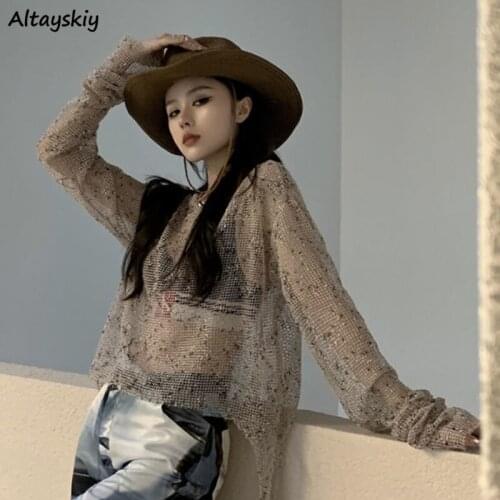 Women T-shirts Summer Hollow Out Sexy Korean Style Long Sleeve Fashion Harajuku Outerwear Party All-match Crop Ins Streetwear