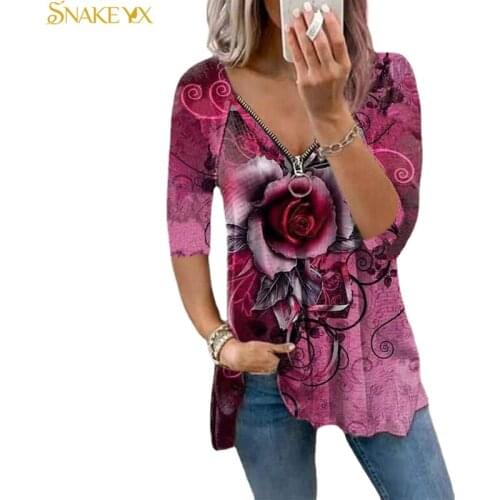SNAKE YX Oversized T Shirt Autumn Womens Flower Printed Zipper V-neck Long Sleeve Plus Size Comfortable Winter Bottoming Shirt