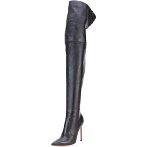 High Quality Black Leather Over The Knee Boots Pointed Toe Thin Heels Winter Tall Boots Wide Calf Tight High Boots Big Size