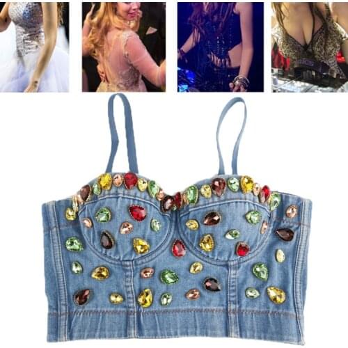 Womens Colorful Diamond Denim Bustier Bra Top Luxurious Jewelry Jean Corset Camisole Spaghetti Strap Clubwear