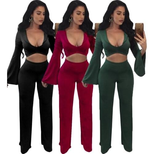 Plus Size Enteritos Mujer 3XL Sexy Flare Full Sleeve Crop Tops With Wide Leg Pant Rompers Women Hollow Out 2 Piece Set Jumpsuit