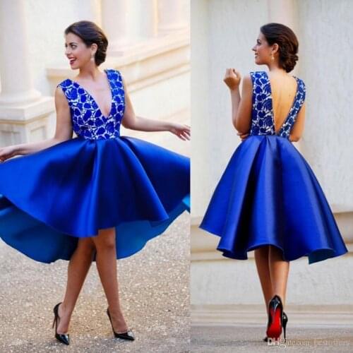 New Royal Blue Plunging V neck Backless Short Prom Dresses Lace Satin Sexy Cocktail Homecoming Dresses Hi Lo Arabic Party Gowns
