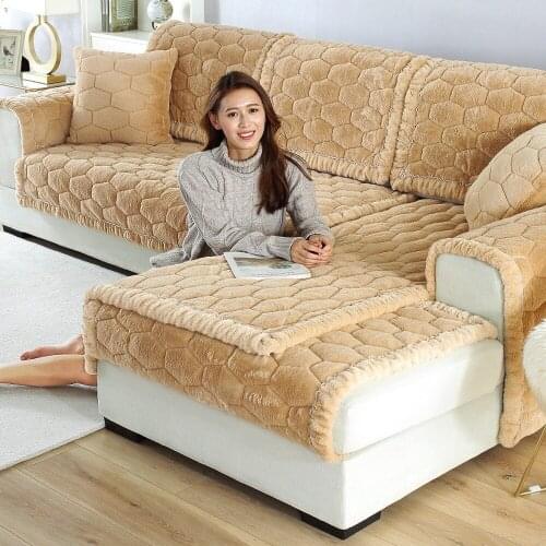 Winter Thick Plush Sofa Cover Cream Color Flannel Warm Cozy Flannel Sofa Cushion Backrest Pillow Sase Slipcover Combination Kit