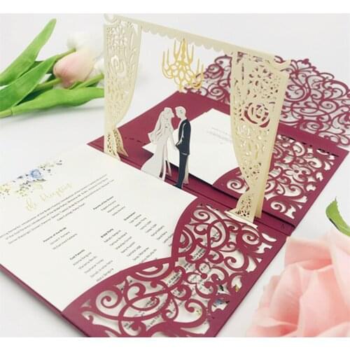 100Pcs Personalized Wedding Marriage Invitation Card Blank Paper 3D Pop Up Thank You Cards With Pocket Envelope Custom Printing