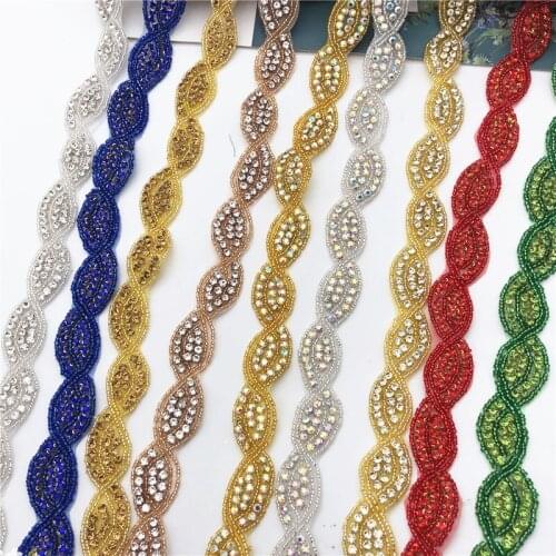 5yards 9colors bridal beaded crystal rhinestone applique trim gold sew iron on for wedding dress decoration hand DIY