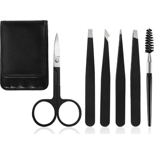 6 Piece Professional Stainless Steel Eyebrow Tweezers Set Hair Slant Tool Eyebrow Clip Stickers With Case Makeup Tool Set