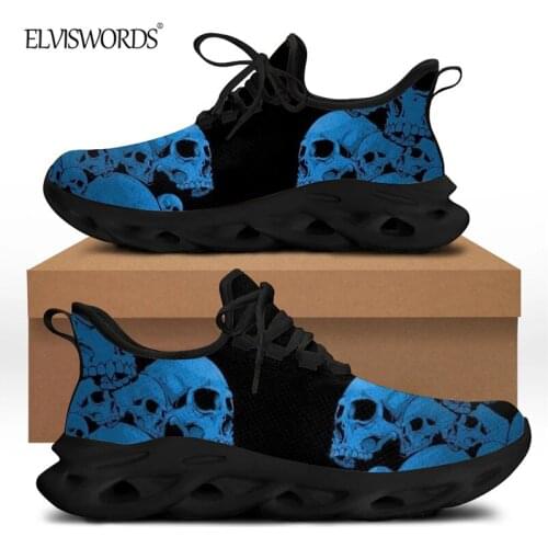 ELVISWORDS Cool Skull Sneaker 2021 Fashion New Vulcanized Shoes for Men Gothic Blue Skull Design Lace-up Flats Sport Footwear
