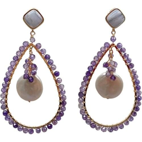YYGEM Teardrop Round Amethyst Gold filled plated Natural White Coin Pearl Purple Rhinestone Blue Lace Agates Earrings