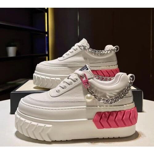 6 cm Platform Hidden Heel Wedge Chunky Shoes Sneakers High Quality Chain Lace Up Leather Casual Shoes Vulcanized 2021