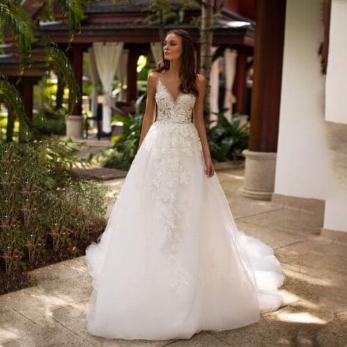 Spaghetti Straps Cutout Side with Lace Applique Front Wedding Dresses Court Train Sexy V-back vestido noiva Dress Bridal