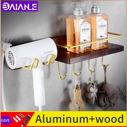 Bathroom Shelf wall hair dryer rack walnut cosmetics storage rack screw free installation shower shampoo organizer holder