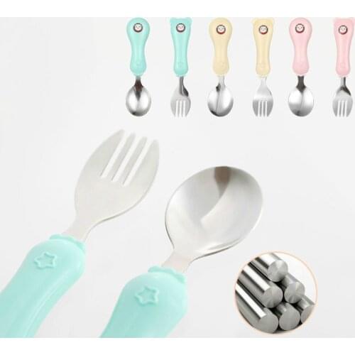 Cartoon Bear Baby Feeding Spoon Children Spoon Fork Set Stainless Steel Kids Eating Utensils Toddler Baby Flatware Accessories
