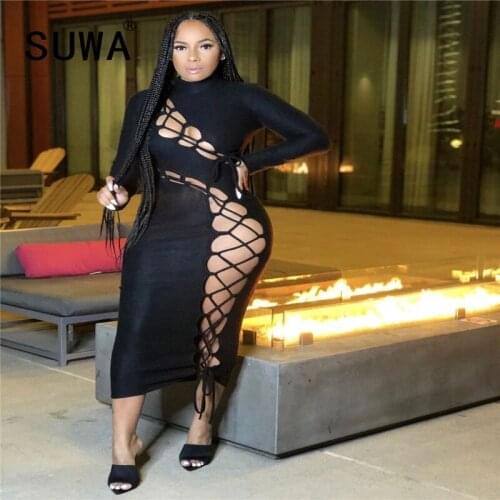 New Product All Black Hollow Out Lace-Up High Waist Long Sleeve Bodycon Dresses For Women Party And Wedding Midi Gowns
