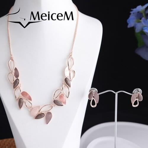 MeiceM Luxury Geometric Jewelry Sets Fashion Female Pendant Necklaces Set Dress Accessories Leaf Necklace Set for Women New