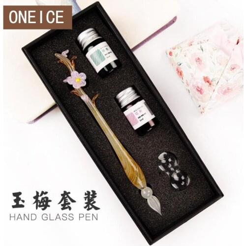 Glass Pen Traditional Chinese Flower Figurinesminiatures Creative Dip Glass Pen Set Vibrating Hand-made