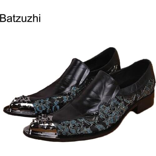 Batzuzhi Japanese Style Metel Pointed Toe Super Star Man Shoes Leather Rock man shoes oxford Black/Red Wine Shoes Leather Man