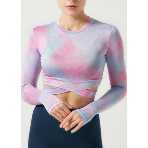 Women Navel Exposed Cross Long Sleeve Tie Dye Yoga Running Gym T-shirt Top