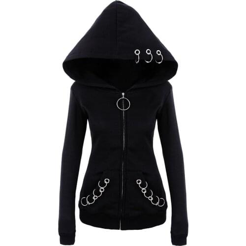 Gothic Punk Women Hoodies With Rings Loose Big Hood Winter Autumn Black Long Sleeve Sweatshirt Zipper Jacket Coat Plus Size 5XL