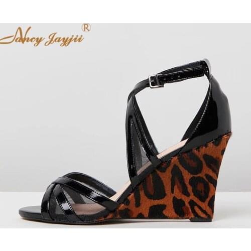 Leopard Pink Silver Black Wedges Sandals Women 4 Inch 10 cm Mesh Cross Straps Ankle Buckle Strap Fashion Ladies Shoes 2019