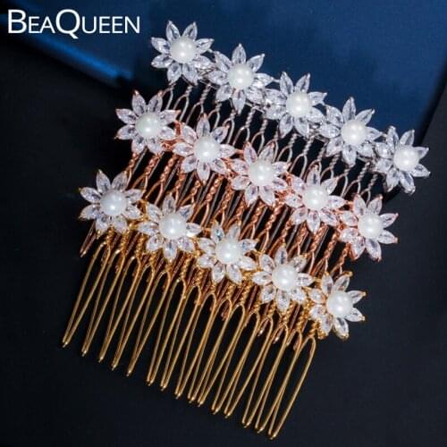 BeaQueen Elegant Marquaise Cubic Zirconia Flower Bridal Wedding Hair Comb Gold Color Pearl Headpiece Jewelry for Women H009