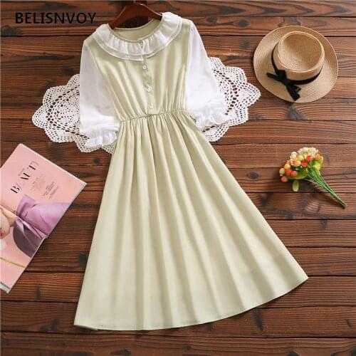 Japanese Preppy Style Autumn Spring Women Dress Peter Pan Collar High Waist Femme Robe Vestidos Kawaii Cute Student Dresses
