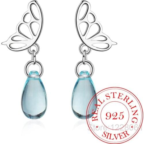 100% 925 Sterling Silver Hollow Butterfly waterdrop Stud Earrings For fashion Women party Elegant Style Fine Jewelry Gift