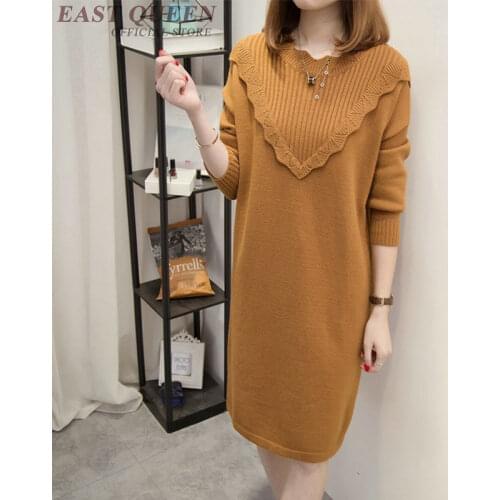 2018 Autumn women sweater knee-length bodycon dress sweater women ruffled colllar long sleeve winter female pullovers DD270 F