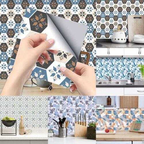6Pcs Wall Sticker Geometric Print Self-Adhesive PVC Simulation Floor Tiles Decals for Home