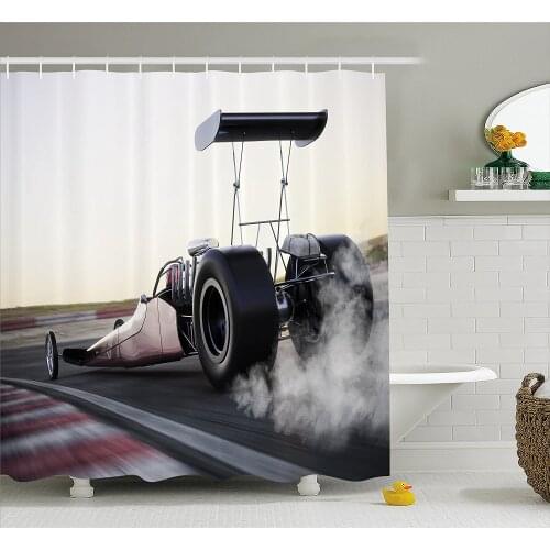 Cars Shower Curtain Dragster Racing Down The Track with Burnout Competition Speed Sports Technology Bathroom Waterproof Curtains