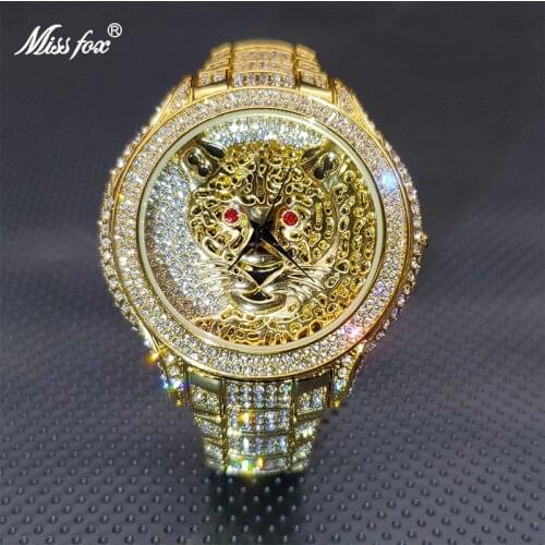 Montre homme MISSFOX Luxury Brand Mens Gold Wristwatch Ice out Diamond Tiger Original Waterproof Watches Jewelry Dropshipping