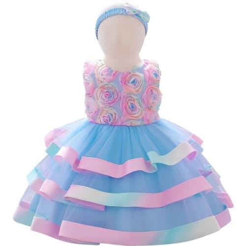 Baby birthday party mesh flower pomp cake dress 2021 new childrens dress send hair dress 0-5 years old gradient dress