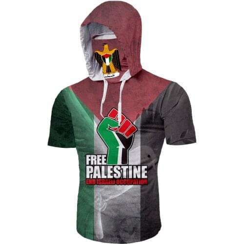 UJWI Fashion Short-Sleeved Mask Hooded Palestine T Shirt Men Casual Elastic Fitness Tshirt Hip Hop Male T-shirt Streetwear 5XL