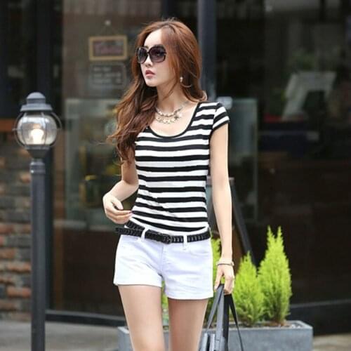 Summer Slim Bottoming Shirt Women Round Neck Short Sleeve Striped T-shirt Large Size Trend Korean Elegant Black Tops Lady Daily